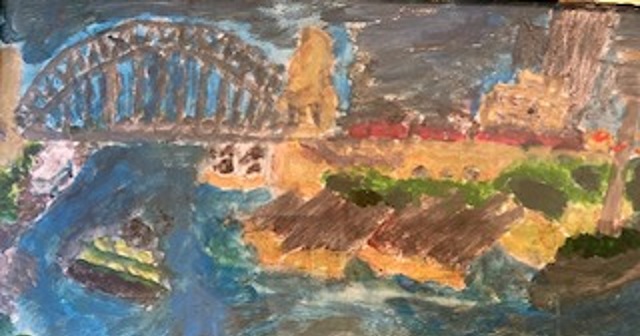 Painting of harbour bridge , water with ferry on it and surrounding buildings in the city